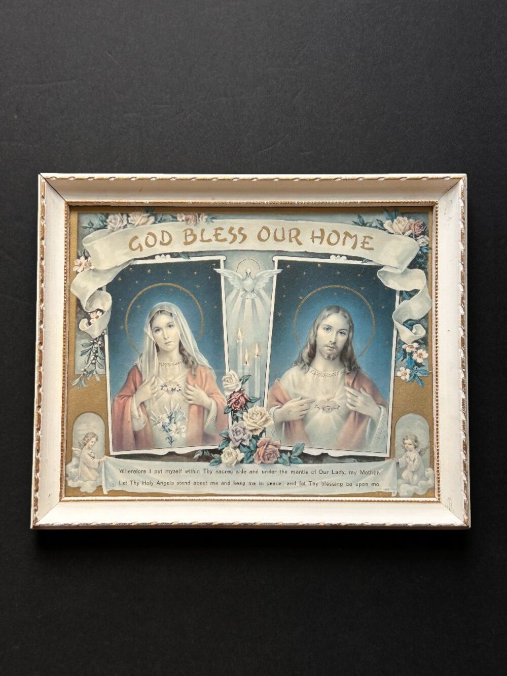 Vintage Framed "GOD BLESS OUR HOME" Sacred Heart Jesus and Mary Lithograph